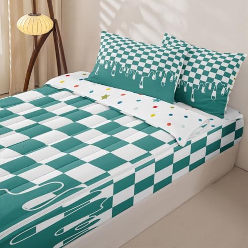 Image of Teal Checkered Full Complete Bedding Set Bed in a Bag,Checkerboard Drip Zipper Comforter Set with Fitted Sheet & Pillowcases Pet Friendly,Y2K Aesthetic Modern Geometric for Kids & Teens Zip Up Blanket