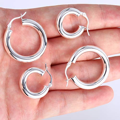 Chunky Hoop Earrings Thick Hoops for Women | Classic Thick Shiny Polished Round-Tube Chunky Hoop Earrings with 925 Sterling Silver Post for Women Girls Gift 5