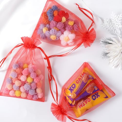 Image of Hopttreely 100pcs Organza Bags, 4 x 4.72 inches Red Christmas Wedding Favors Christmas Gift Drawstring Bags Jewelry Pouches