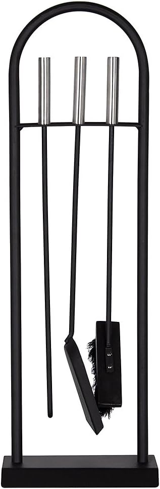 4 Piece Arc Fireplace Companion Set – Black & Chrome Modern Fireside Tool Kit with Stand – Includes Poker, Brush & Shovel – Ideal for Wood Burners, Open Fires & Fireplaces