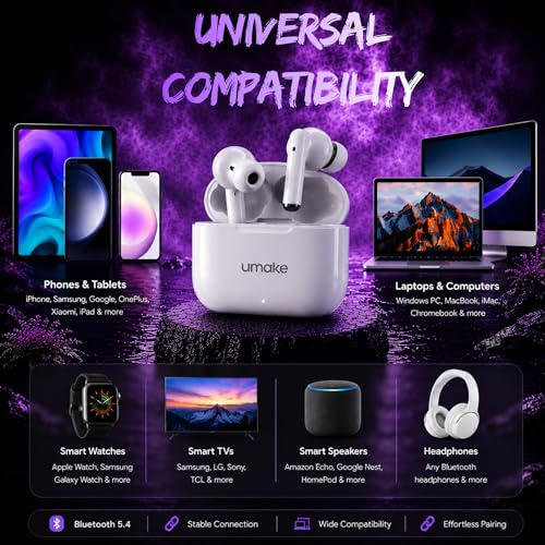 Image of Umake Bluetooth 5.4 TWS Earbuds with ENC HD Calling Mic, Deep Bass Audio, Touch Sensor Controls, Fast Charging Case, IPX5 Sweat Resistant, Low Latency Gaming Earbuds - White