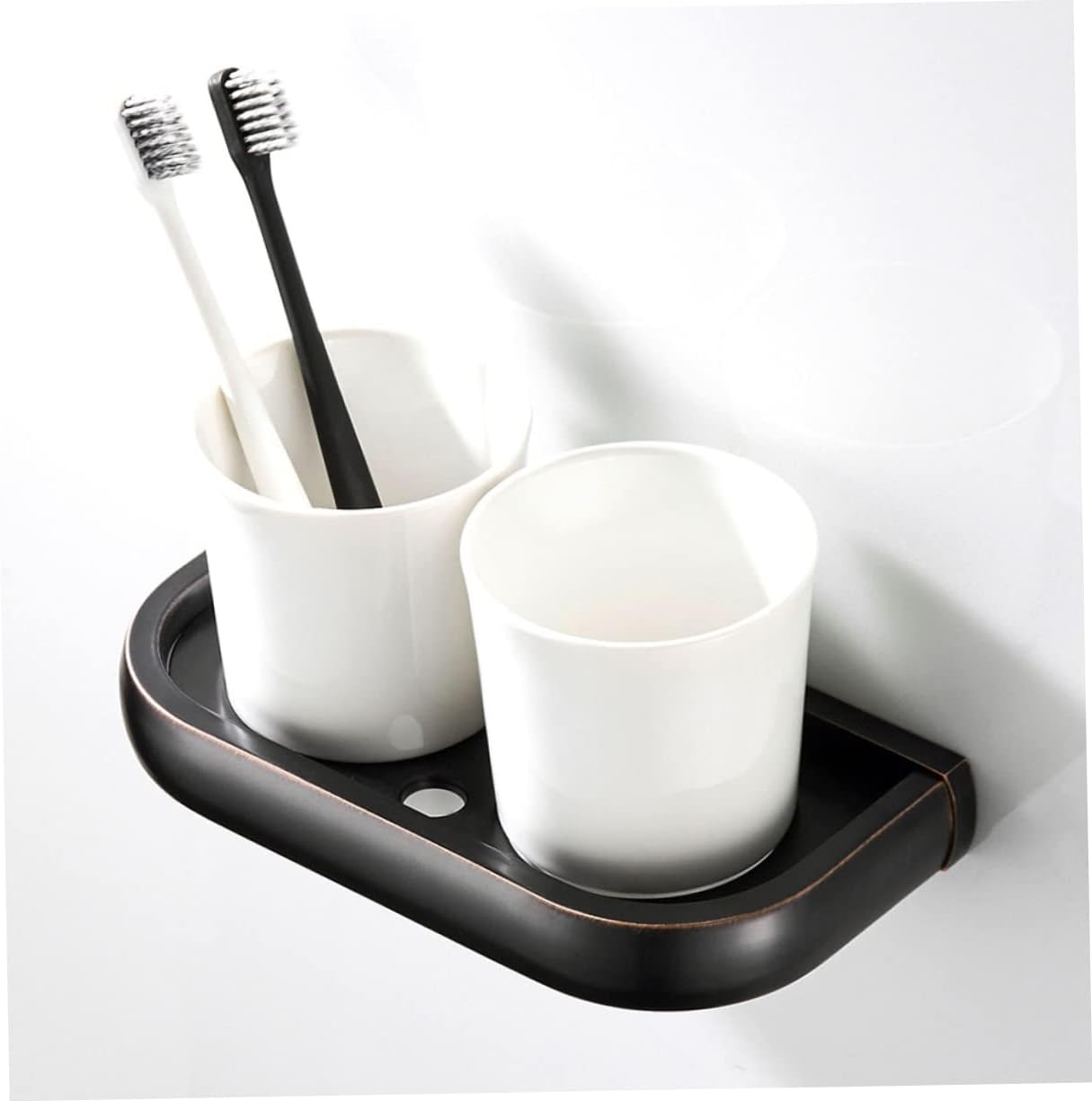 Mobestech Ceramic Double Cup Holder Wall Mounted Toothbrush Organizer Vintage Antique Copper Finish for Bathroom or Hotel Heavy Duty Tumbler Rack Easy Installation