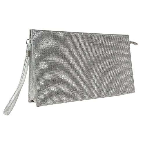 HUANG ZHUANG Large Wristlet Handbag for Women Evening Bags Envelope Clutches Purses with Rhinestones Party Prom Handbag(Silver) -  Queen Store, TZ0016-3
