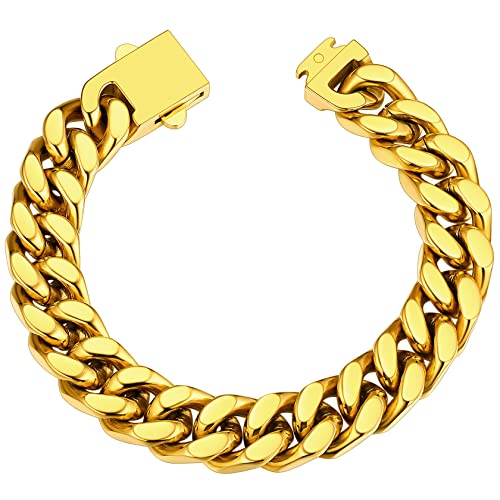 Bracelet Homme Femme Acier Inoxydable Or Gourmette Maille Cubaine Grosse Longueur 21 cm Largeur 12 mm Enfant Garçon Cadeau pour Lui Chaine Ado Collier Main