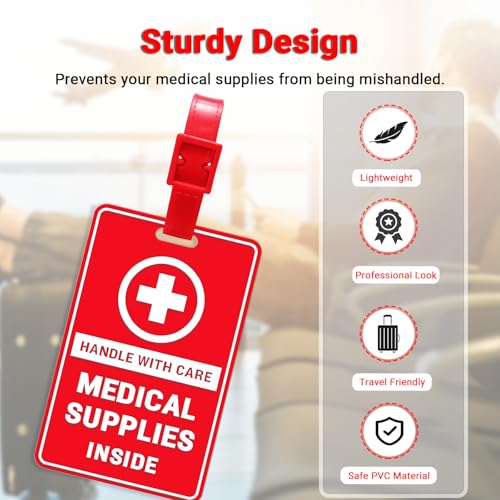 Klyrith 2 Pack Medical Supplies Inside Tag with Name ID Card, Handle with Care Alert Luggage Tag for Travel Suitcase or Bags, Easy to Identify, Suitable for Diabetic Supplies, Respiratory Devices, Red - Thumbnail 3