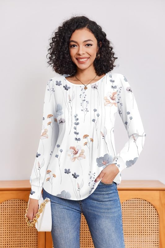 Women's Long Sleeve Shirts Fall Tops Dressy Casual Loose Puff Sleeve Tops Pleated Tunic - Crew Neck & V-Neck T-Shirts - Image 2