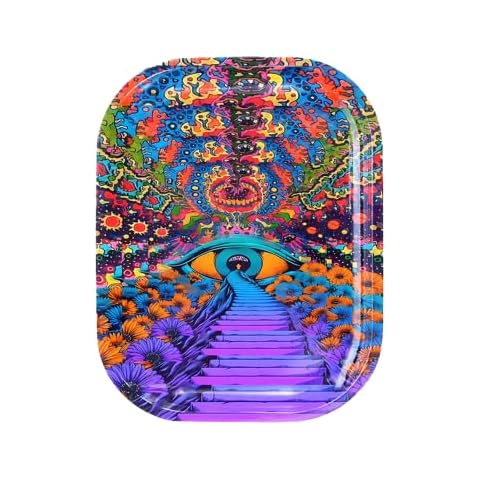 Impressed Cosmic 90s Retro Eye Rolling Tray for Men & Women – Trippy Abstract Aesthetic 7" X 5" Small Red Mini Size Cool Rolling Tray for Girls & Guys - Metal Design Raw Tobacco Smoking Accessories Cover