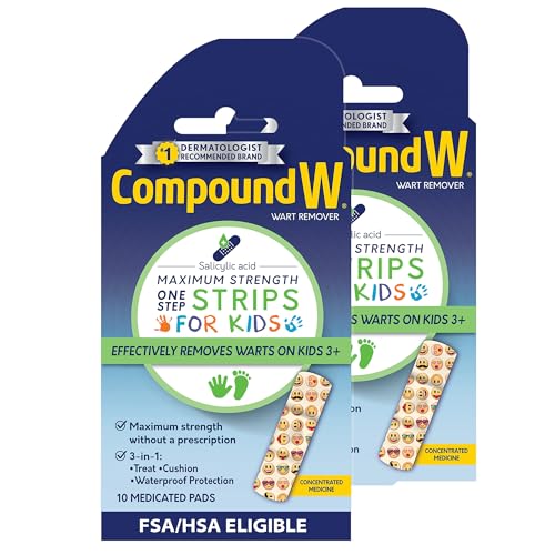 Compound W One Step Wart Remover Strips for Kids, 10 Medicated Strips for Wart Removal, 2 Pack