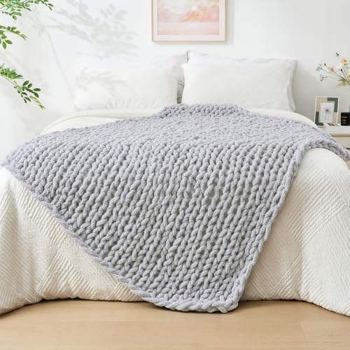 Bigacogo Chunky Knit Throw Blanket for Couch, 40x60 inches, 100% Hand Knitted with Thick Jumbo...