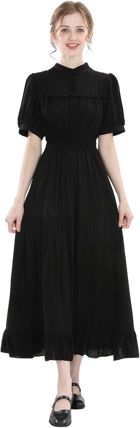 Black Victorian Dress for Women Short Sleeve Edwardian Dress Gothic Renaissance Costumes
