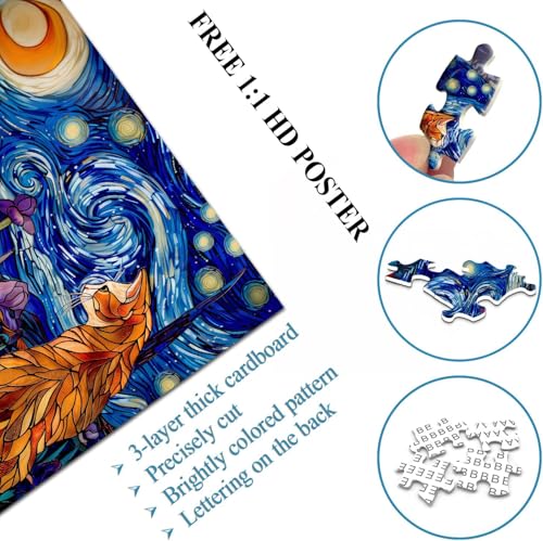 Image of iDream 1000 Pieces Jigsaw Puzzle - Artistic 3D Design, Colorful Wall Decor, Challenging Puzzle Gift for Friends & Family (Moonlit Cat)