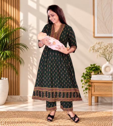 Image of Momenta Women's Pure Cotton Maternity Kurta Set | Feeding Kurti with Concealed Zippers | Maternity Dress for Pre & Post Pregnancy