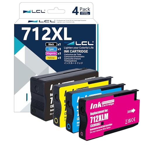 Image of LCL 712 712XL Ink Cartridges High Yield Replacement for HP 712 712XL 712 XL for DesignJet T650 T630 T250 T230 T210 Studio Plotter Printer (4 Pack, 80-ML Black, 29-ML Cyan /Magenta /Yellow)