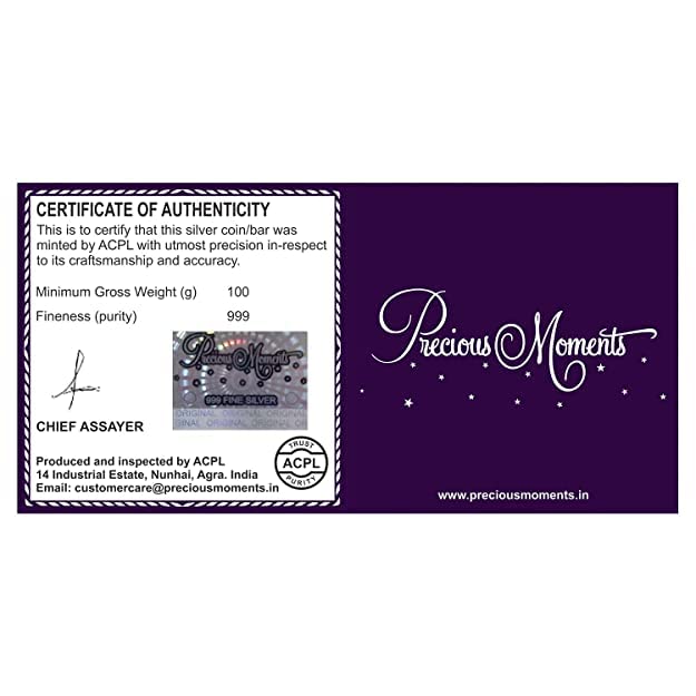 Image of ACPL Precious Moments BIS Hallmarked 100 Gram Silver Currency Bar Rs.10000 999 Pure