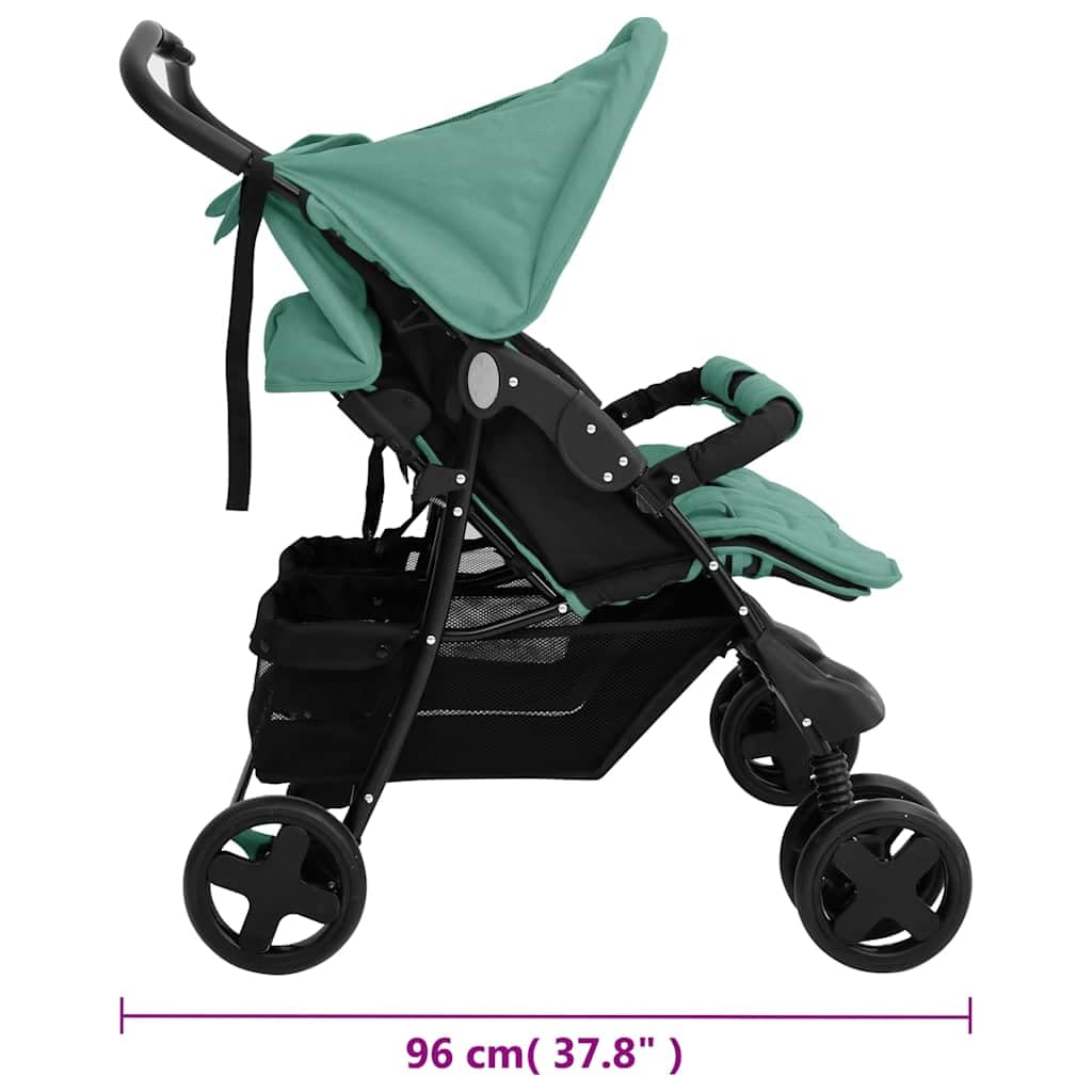 vidaXL Poussette à Deux Places Landau Pliable de Vayage Poussette de Voyage pour Tout-petit Extérieur Protection contre Rayons UV Vert Acier