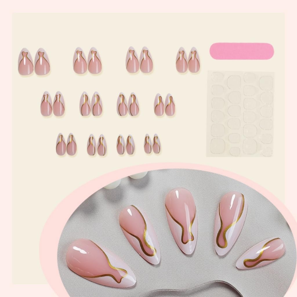 Almond Acrylic Glossy Artificial Nails French Tip False Nails 24 Pieces Stick on Nails for Women