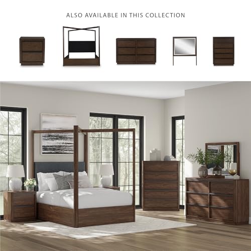 Image of Signature Design by Ashley Kendamor Modern Canopy Bed with Upholstered Headboard and Nailhead Accents, Foundation or Box Spring Needed, Queen, Dark Brown