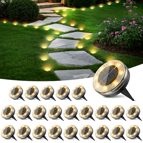 Peasur Mini Solar Ground Lights, 24 Pack Flat Solar Disc Lights Outdoor Waterproof, 2.3 Inch Small Solar Garden Lights Landscape Lighting for Outside Pathway Garden Yard Lawn Walkway,Warm White