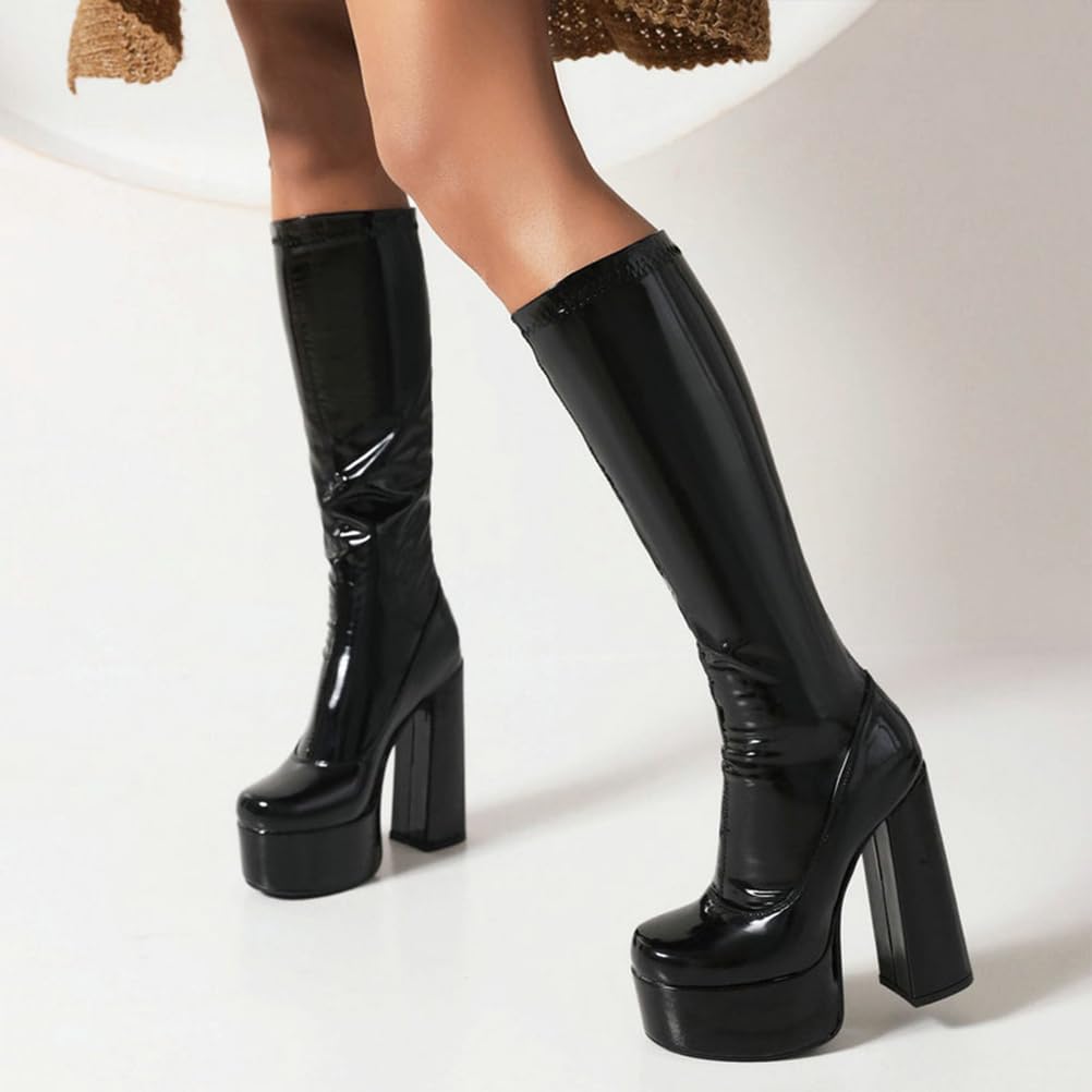 Bottes Longues pour Femmes Jusqu'au Genou, Talons Épais De 14 Cm, Plateforme, Cuir Verni Extensible, Bottes Hautes pour Soirées Et Usage Quotidien