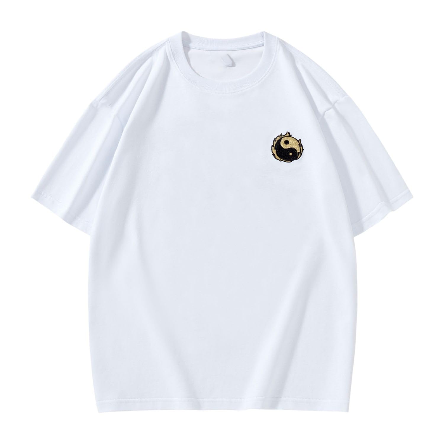 Męski bawełniany t-shirt z okrągłym dekoltem, haft smoka, luźny krój, chiński styl, top rekreacyjny