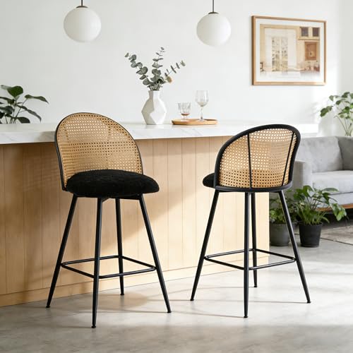 Bekrvio Lot de 2 tabourets de Bar rotatifs - Charge maximale : 150 kg - en rotin avec Dossier - Tissu bouclé - Hauteur d'assise : 65 cm - avec Pieds en métal...