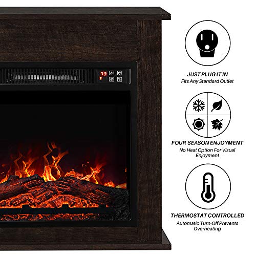 Della 25 Inch 1400W Deluxe Electric Fireplace Mantel Heater, Freestanding Portable Patio Hearth, Small Space Stove with Remote Control & Realistic Flames - Dark Wood - Thumbnail 3