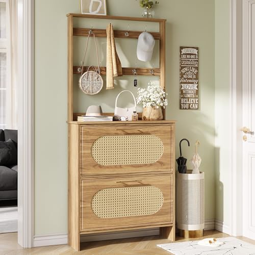 Image of Maupvit Tall Shoe Cabinet with Coat Rack, Slim Hidden Narrow Shoe Storage Cabinet with Doors & Drawer, 2-in-1 Hall Tree Freestanding Shoe Rack Organizer for Entryway Hallway Closet(Rustic Oak)