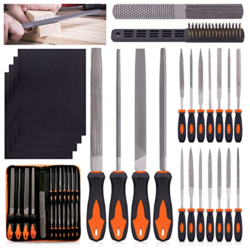 Swpeet 24Pcs Metal File Set with 4 in 1 Way Wood Rasp File and File Wire Brush Kit with Carry Case,...