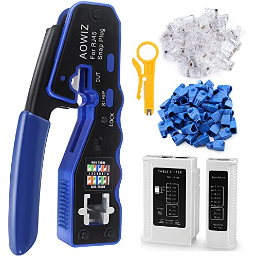 AOWIZ RJ45 Crimping Tool Ethernet Crimper for Cat6 Cat5 Cat5e Pass Through Connector with 30 pieces RJ45 Cat6 Connector and 30 Pieces Strain Relief Boots, RJ45 Cable Tester and Mini Wire Stripper