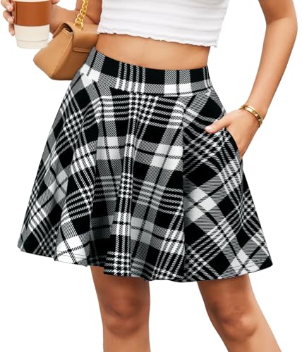 DJT Damen Minirock Mädchen Hohe Taille Faltenrock Basic Casual A Linie Mini Skater Rock mit Taschen Schwarz Weiß Kariert Small