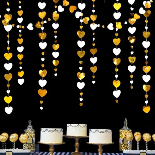 Fesnova 4 Meter Weiß und Gold Herz Papier Girlande, Papier Girlande Herzen, für Hochzeitsdeko Girlandes, Geburtstag, Valentinstag, Party Dekorationen, Hängedekoration