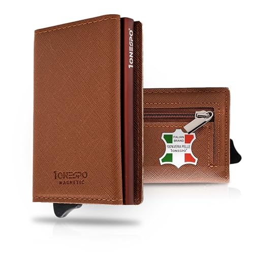 1ONESPO MAGNETIC Portafoglio uomo VERA PELLE - Porta Carte di Credito uomo con Portamonete e Contanti - Protezione RFID 8 tessere, SAFFIANO Marrone