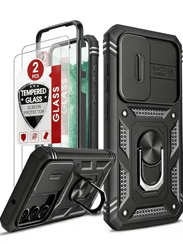 LeYi for Samsung S23 Case:Samsung Galaxy S23 5G Phone Case with Slide Camera Cover 2 Tempered Glass Screen Protectors Ring Kickstand Military Grade Drop Shockproof Protection for S23 Phone Case Black