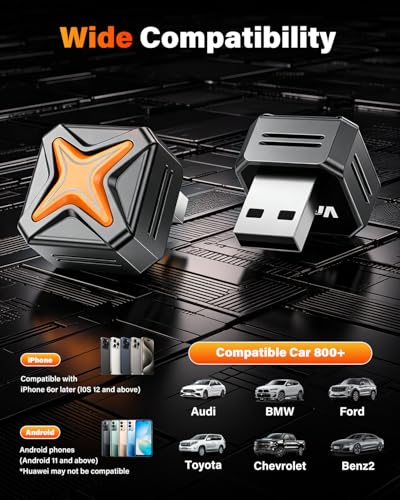 Image of 2026 Upgraded Mini Android Auto & Apple CarPlay Wireless Adapter for iPhone, A7 Chip One-Click Switch, 3s Auto Connect, Bluetooth 6.0, 5.8GHz WiFi, Compatible with iOS 12+, Android 11+.