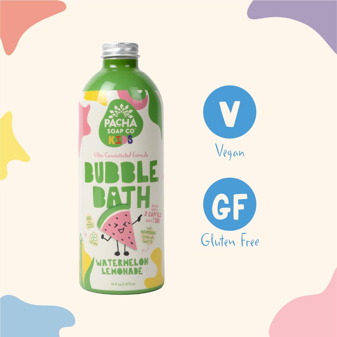 Pacha Soap Co. Kids Bubble Bath, Watermelon Lemonade - Tear-Free, Dye and SLS-Free, Ultra-Concentrated, Foaming, Plant-Based, Vegan, Vitamin-Rich, Non-Toxic, Recyclable, Made in The USA, 2-Pack