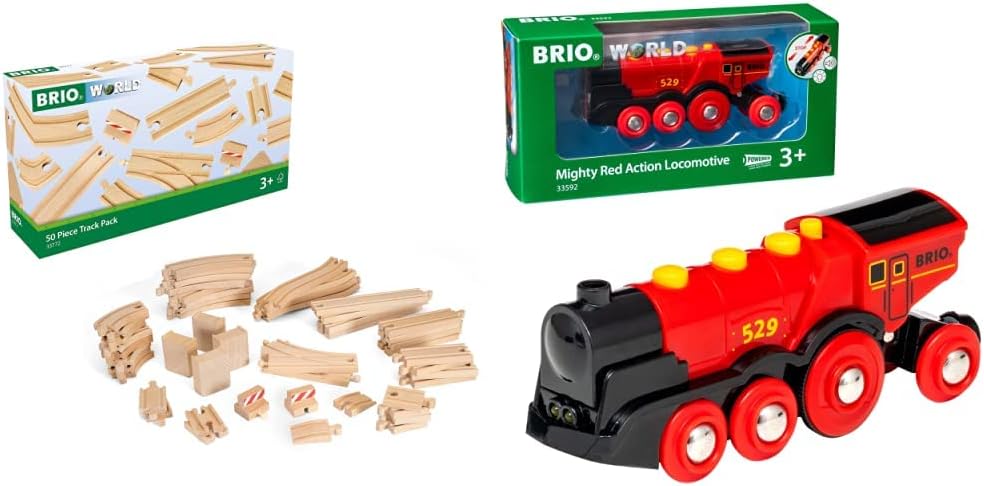 BRIOWorld 50 Piece Train Track Pack for Kids Age 3 Years Up & World Mighty Red Action Locomotive Battery Powered Toy Train for Kids Age 3 Years Up - Compatible with Most BRIO Railway Sets