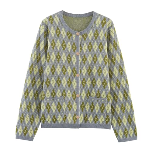 Women's Knit Sweater Cardigan Lightweight Grunge Argyle Plaid Preppy Y2K E-Girl Long Sleeve Button Coatigans