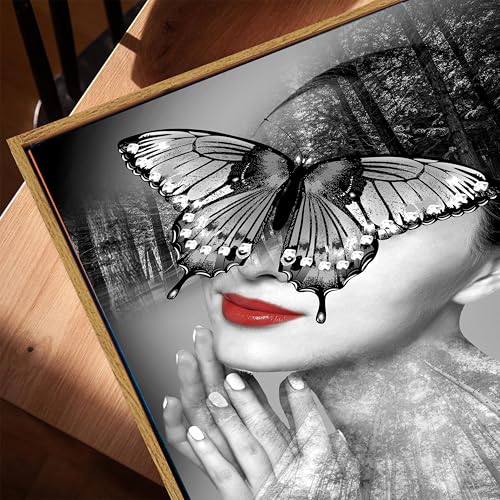 Image of Surreal Butterfly Woman Portrait Framed Canvas Painting For Living Room | Modern Nature Abstract Wall Art For Livingroom Wall Decor, Home Decor, Bedroom, Hallway's, Office, Hotel - 43x58 cm