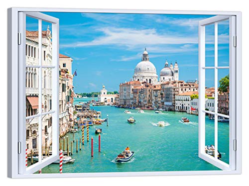 LuxHomeDecor Cuadro de ventana sobre Venecia 100 x 75 cm Impresión sobre lienzo con marco de madera Decoración Arte Decoración Moderno Cover