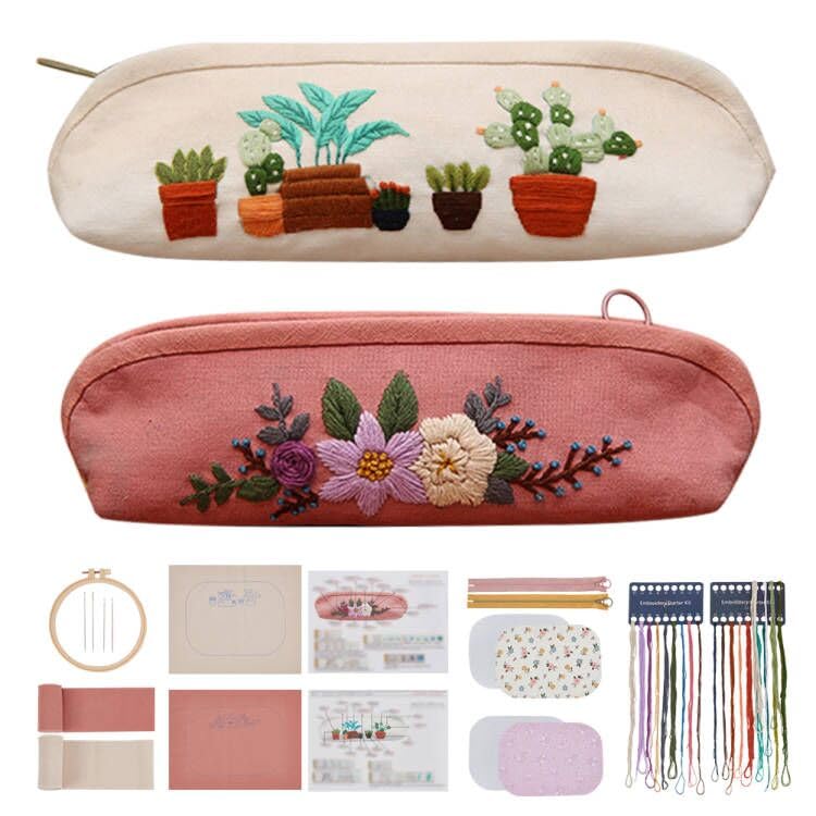 WEBEEDY 2 Set DIY Stickerei-Kit Leinwand Reißverschlusstasche Handgefertigte Stickerei-Leinwand-Stifttasche Kosmetiktaschen DIY Bestickte Clutch Starter-Kit Mit Allen Materialien Und Werkzeugen