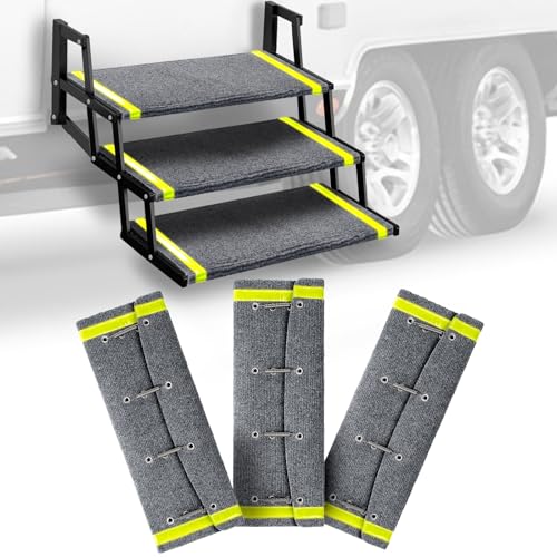 HOMEE RV Step Covers 3 Packs with Reflective Strips,Camper Step Covers 23 Inch Wide RV Step Rugs,RV Stair Covers with Install Hook Fit 8' to 11' RV Stair Treads,Non-Slip Outdoor RV Step Carpet