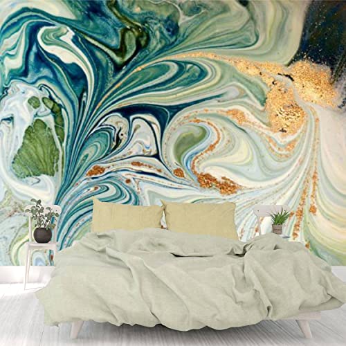 Afwadfwa Modern 3D Removable Wallpaper Self-Adhesive Marbled Blue Green And Gold Abstract Liquid Marble Wall Murals Peel And Stick Wall Stickers For Living Room Bedroom Wall Decor #TOP6