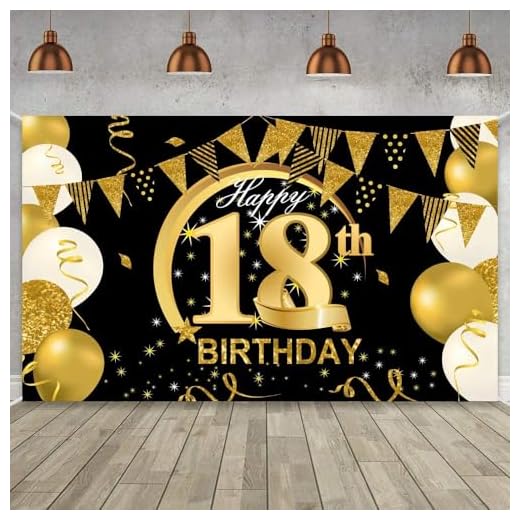 WIWJ 18 Decoración de Fiesta de Cumpleaños de Oro Negro, Extra Grande Póster de Tela Cartel para 18 Aniversario Feliz Cumpleaños Pancarta de Fondo Materiales de Fiesta de Cumpleaños (B-Banner 18)