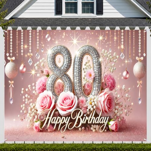 Image of Nuxovilar 80th Birthday Banner - Elegant Pink & Gold Floral Backdrop