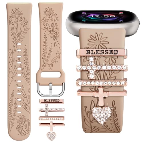 Wildflower Engraved Bands Compatible with Fitbit Sense 2, Versa 4/3, Sense Band with Charms, Soft Silicone Replacement Wristbands Strap with Cute Decorative Rings Accessories for Women by ORATYFAN - Used condition - US$12.70