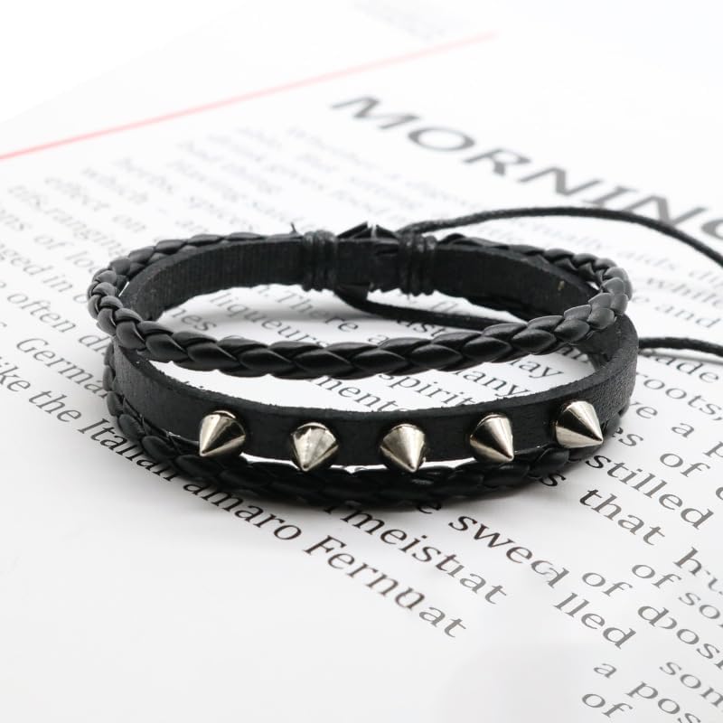 Punk Layered Leather Bracelet: Black Braided Wristband with Metal Spike Accents for Men