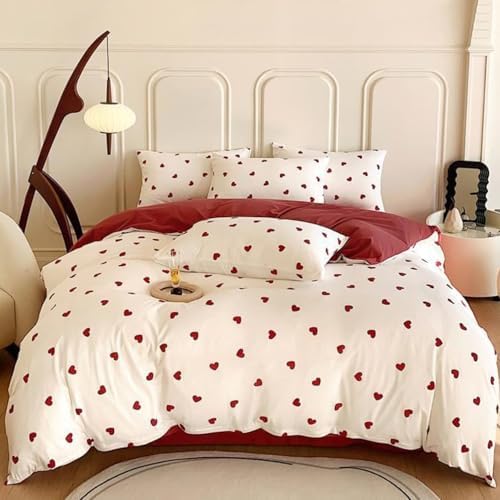 Freyamy Herz Bettwäsche 135x200 Herzen Weiß Rot Herzchen Bettwäsche Set | Aesthetic Bettwäsche, 2teilig Bettwäsche-Sets, Microfaser ÖKO-TEX Bettbezug mit Reißverschluss und 1 Kisse
