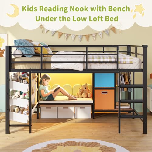 image for DICTAC Low Twin Loft Bed with Reading Corner,3 Sling Drawers and 2 Mov