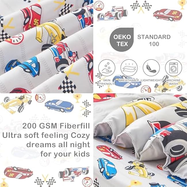 Mooreeke 4 Pieces Toddler Bedding Set - Soft Race Cars Toddler Comforter Sets for Girls, Includes Quilted Comforter, Flat Sheet, Fitted Sheet and Pillowcase, Bed in A Bag for Baby Bedroom