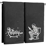 Xkdamai 2 Pack Luminous Halloween Hand Towels 100% Cotton Embroidered Skull Halloween Kitchen Towels Glow in The Dark Black Skeleton Bathroom Towels Seasonal Bathroom Decor(Black Skeleton)